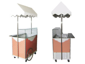 Two gelato pushcarts side by side, white background