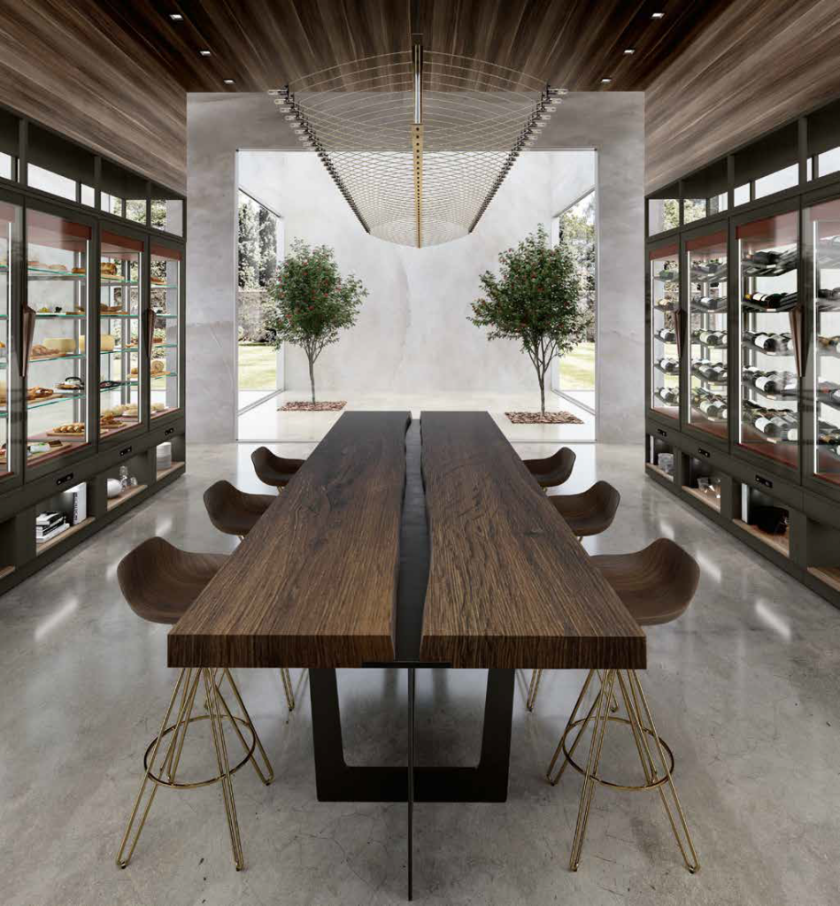 Channeled BLUE Cases on either side of modern-rustic table and stools