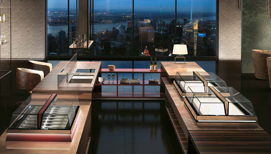 High End Display Cases On Two Surfaces City in the Background