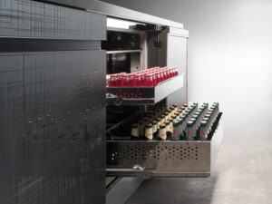RETRO Stainless Steel Backbar close up with two pullout shelves containing glass bottles