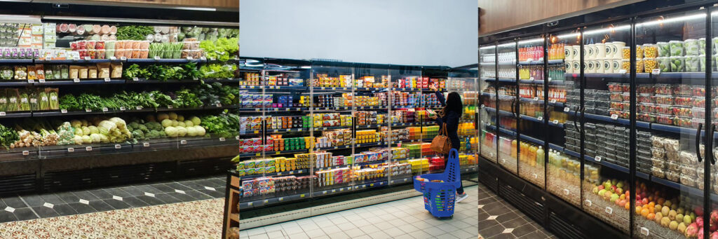 Row of images featuring Futuro Multideck for produce, refrigerated Futuro with full vision doors. 