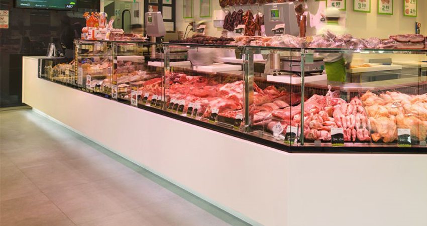 Channeled Display Case with Beef, Chicken and Fish Inside
