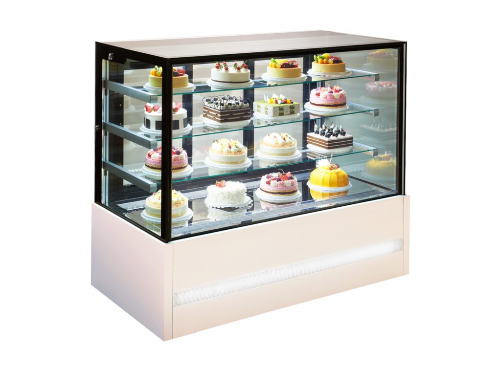 Refrigerated Food Display EDEN isolated straight glass display with cakes and pastries inside