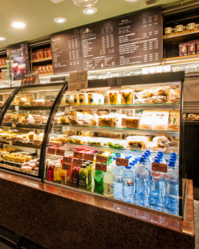 Grab and Go Display for beverages and food, built into counter at Starbucks