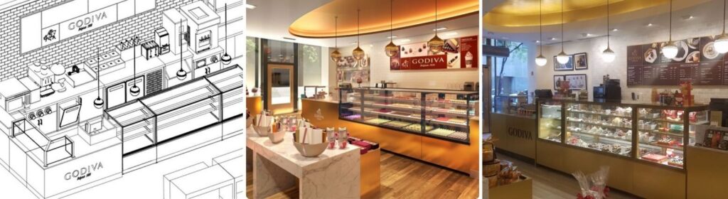 Left to Right: Godiva top-down b&w drawing, full 3d color rendering, actual image of Godiva store