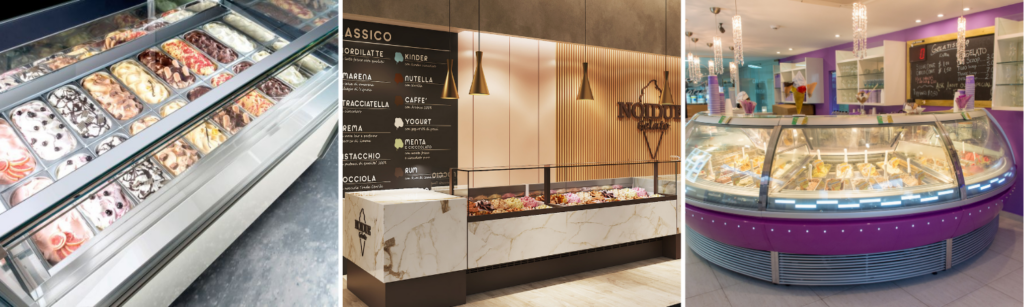 Three Images, left to right: Angled Top Down of Gelato Display Case, 3D Rendering of Noidue Gelateria, Custom Gelato Display