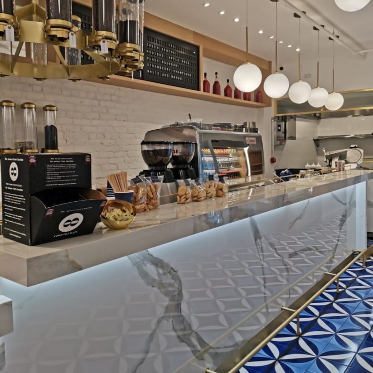 Custom Counter with marble front at coffee shop