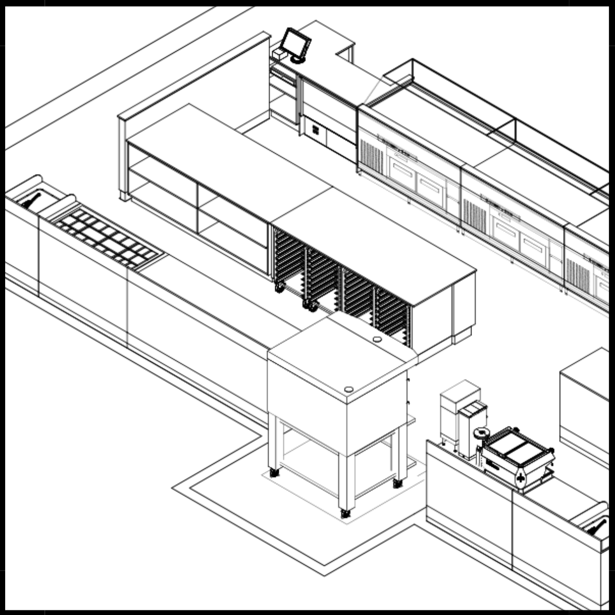 Black and White 3D rendering of bakery design from operation end. (Top-down)