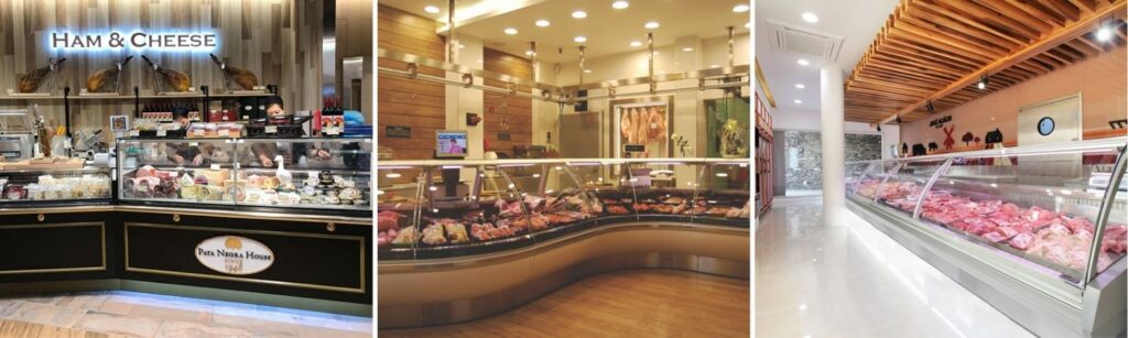 Three Pictures Left to Right: "Ham and Cheese" delicatessen, Curved Columbus Butcher Shop Display, Futuro Butcher Shop Display
